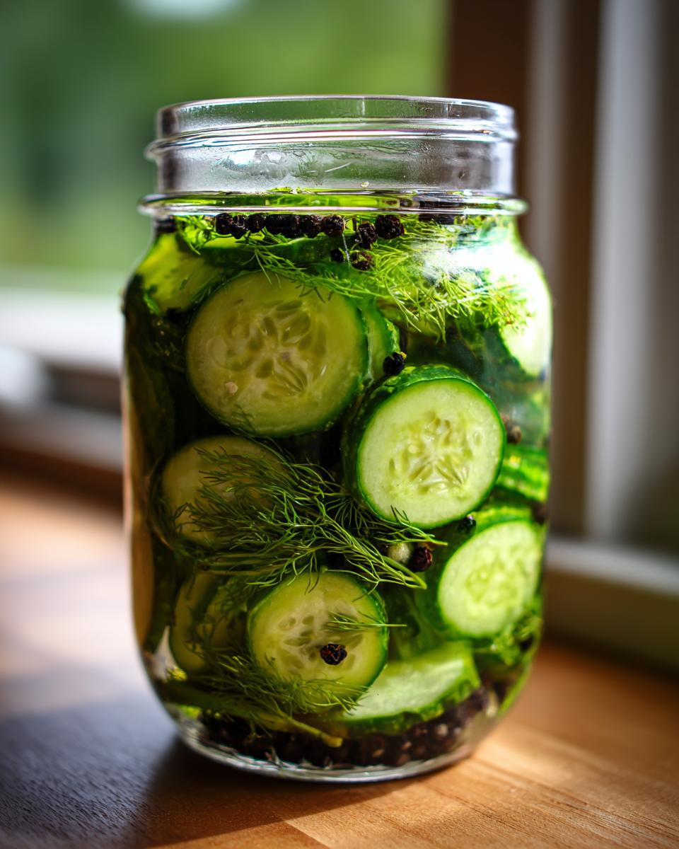 Close-up of sliced cucumbers and fresh dill in a glass jar making refrigerator pickles, resting on a wooden surface.