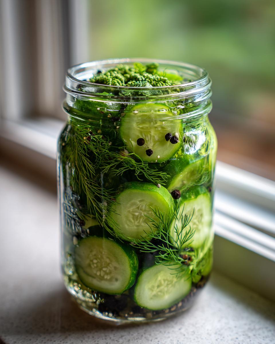 Close-up of sliced cucumbers, fresh dill, and peppercorns being prepared for refrigerator pickles in a glass jar.