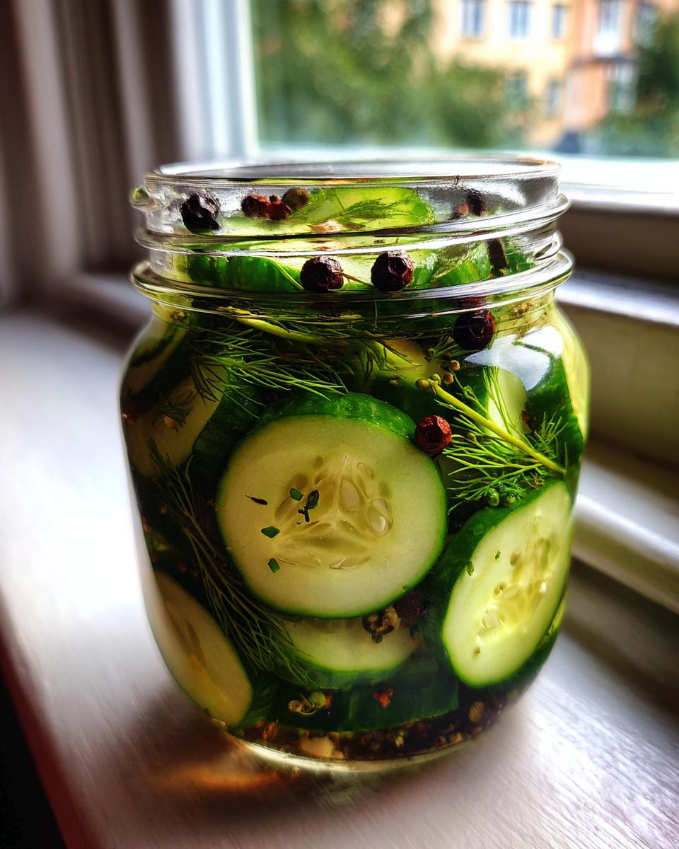 Close-up of sliced cucumbers, fresh dill, and peppercorns in a jar for making refrigerator pickles.