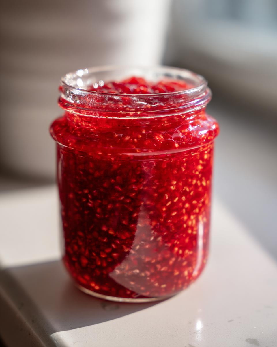A close-up of a glass jar filled with vibrant, chunky strawberry freezer jam, sitting in sunlight.