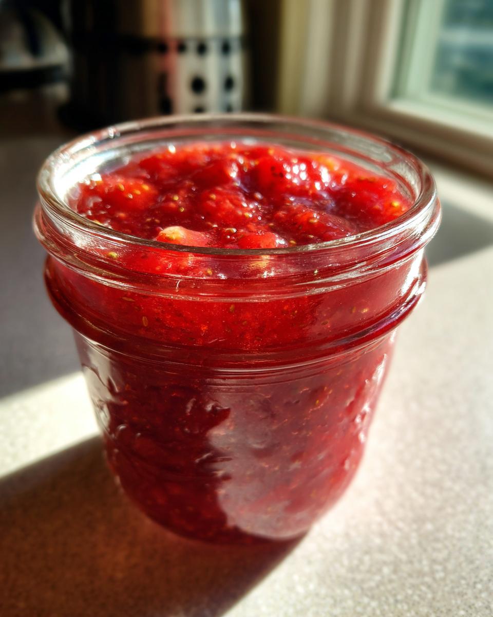 Close-up of a glass jar filled with bright red strawberry freezer jam, catching sunlight.