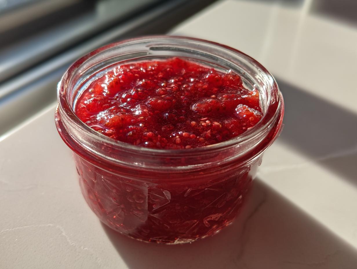 Close-up of a small glass jar filled with bright red, textured strawberry freezer jam.