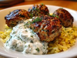 Close-up of four browned greek chicken meatballs served over orzo pasta with a dollop of creamy tzatziki sauce.