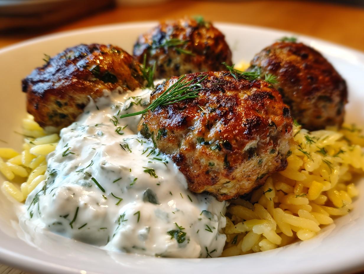 Close-up of four browned greek chicken meatballs served over orzo pasta with a dollop of creamy tzatziki sauce.