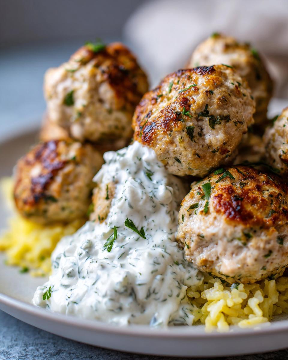 Close-up of browned greek chicken meatballs served over yellow rice with a generous dollop of creamy tzatziki sauce.
