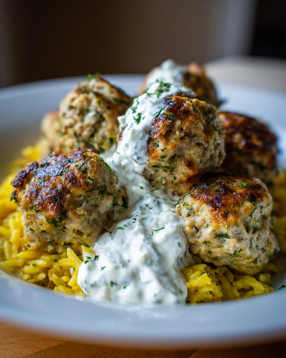Close-up of juicy greek chicken meatballs served over yellow rice and drizzled with white tzatziki sauce.