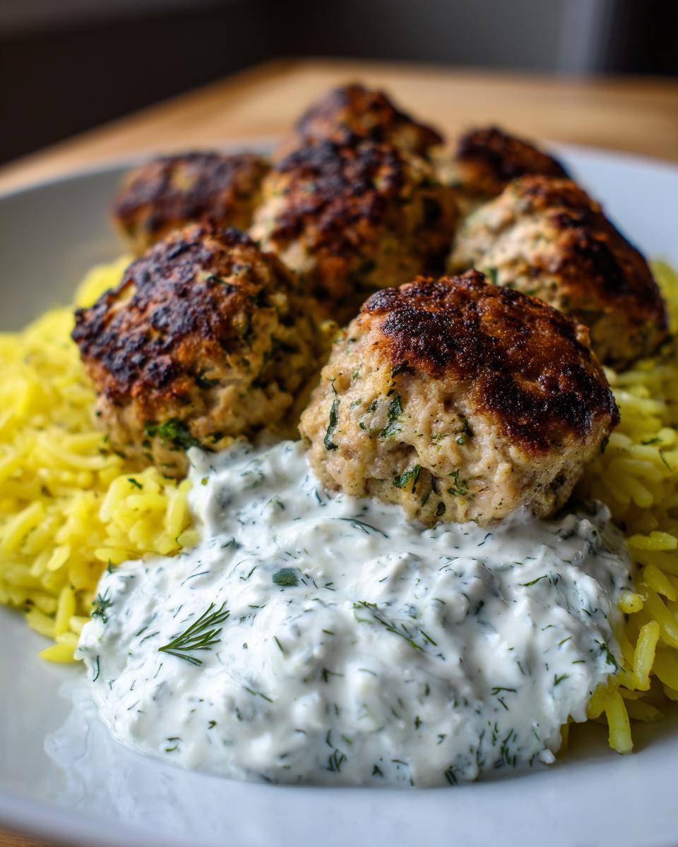Close-up of juicy greek chicken meatballs served over yellow rice with a dollop of creamy tzatziki sauce.