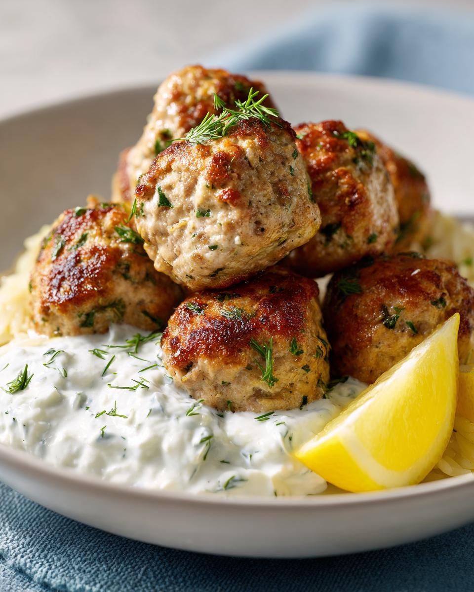A bowl of perfectly browned greek chicken meatballs served over a creamy tzatziki sauce, garnished with dill and a lemon wedge.