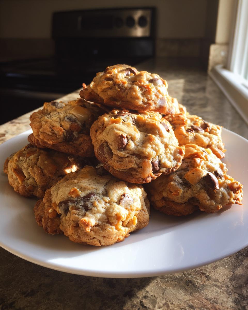 A stack of golden brown kitchen sink cookies loaded with mix-ins piled high on a white plate.
