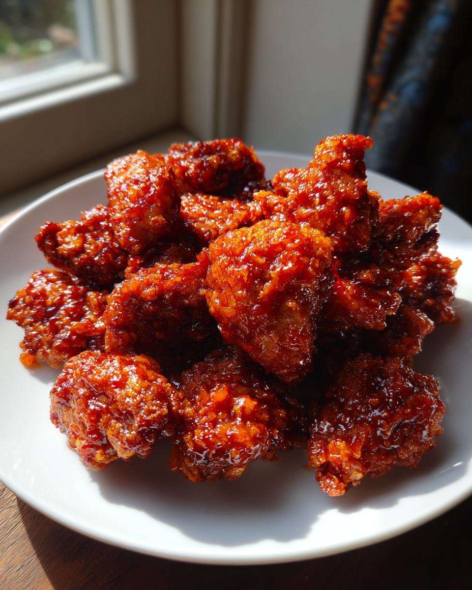 A pile of glossy, deep red korean fried chicken pieces coated in a sticky sauce, served on a white plate.