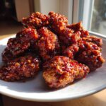Close-up of crispy, saucy korean fried chicken pieces coated in a dark, glossy glaze and sprinkled with sesame seeds.
