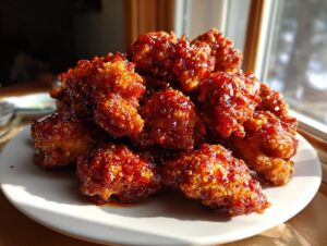 A mound of crispy, glazed korean fried chicken pieces sprinkled with sesame seeds, sitting on a white plate.