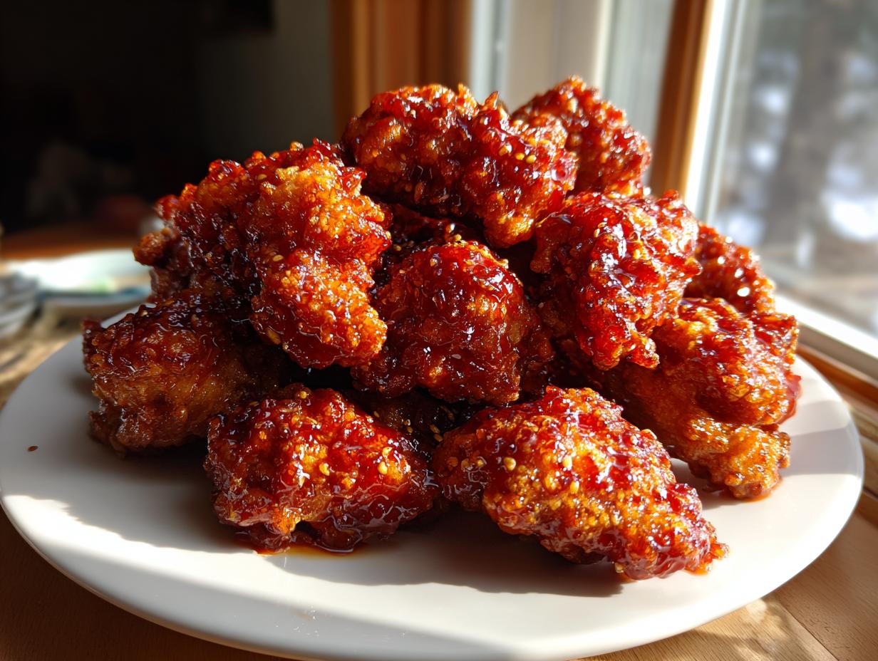 A mound of crispy, glazed korean fried chicken pieces sprinkled with sesame seeds, sitting on a white plate.