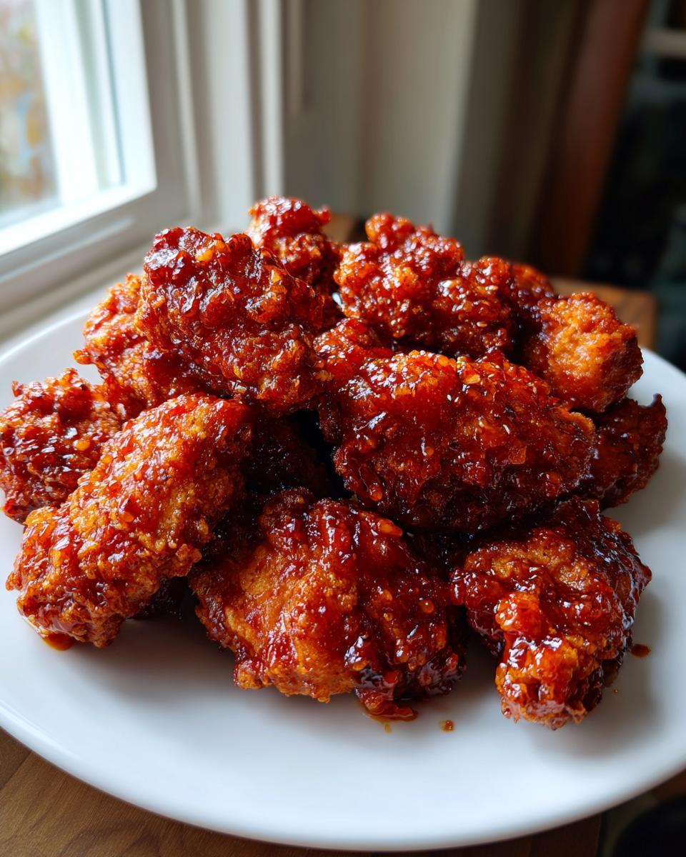 A pile of crispy, glazed korean fried chicken wings coated in a sticky, bright red sauce on a white plate.