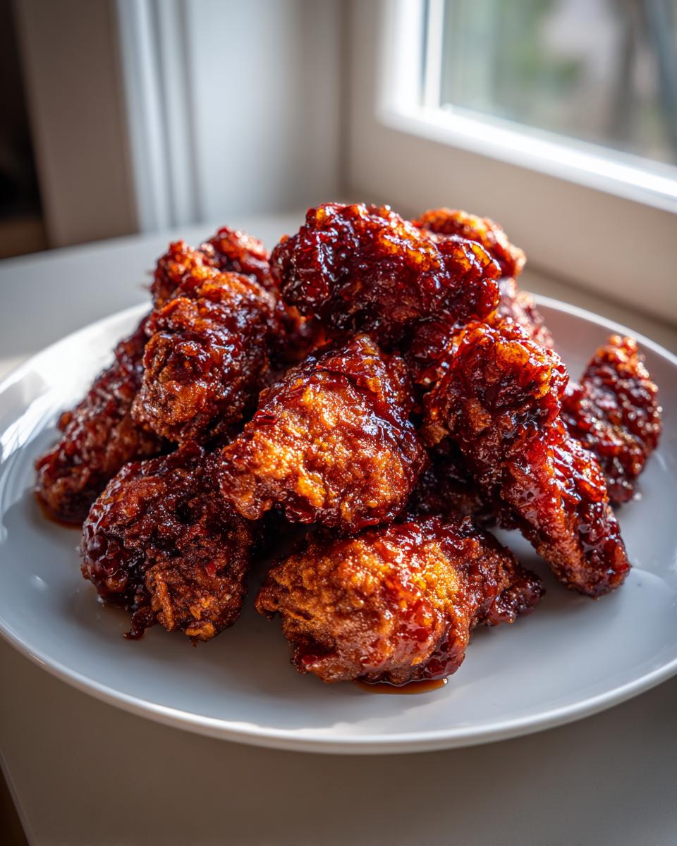 A pile of crispy, dark, and glossy korean fried chicken wings coated in a rich sauce, served on a white plate.