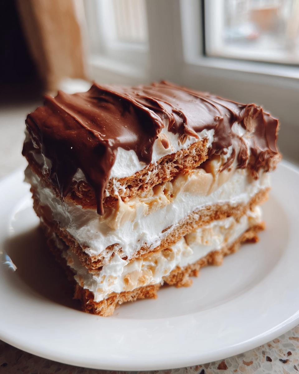 A layered slice of no-bake eclair cake featuring graham crackers, cream filling, and a thick chocolate glaze topping.