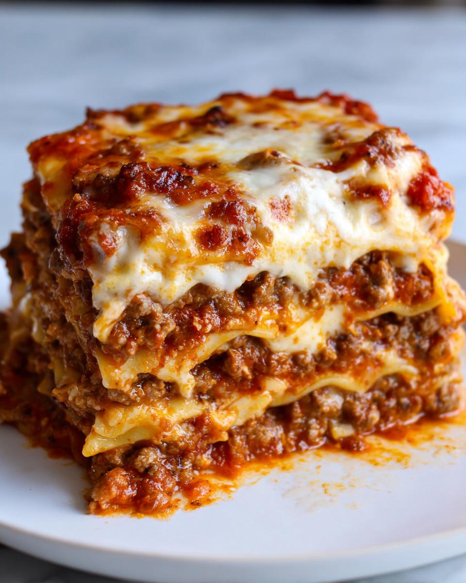 Close-up of a thick, layered slice of meat and cheese pizza casserole resembling lasagna.