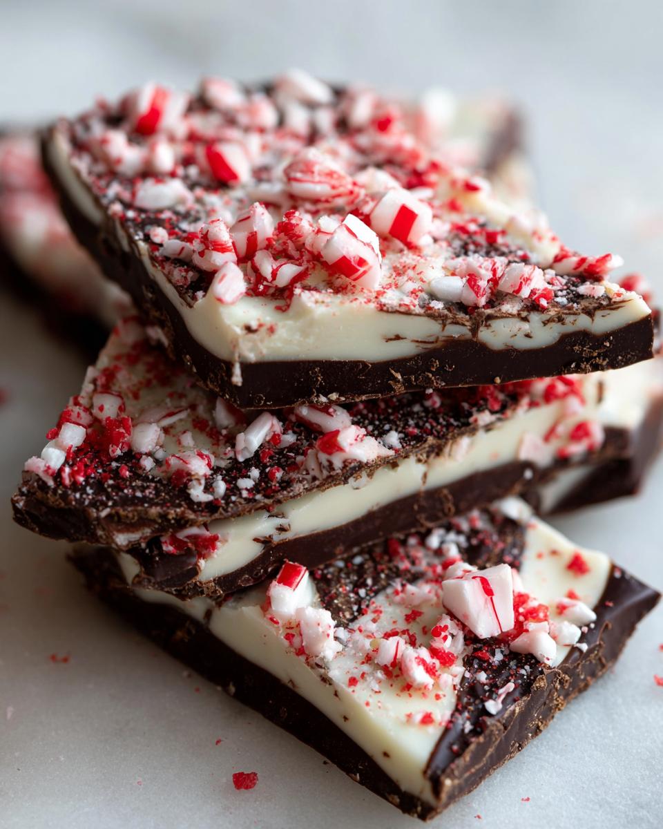 Stacked pieces of dark and white chocolate peppermint bark recipe topped with crushed candy canes.