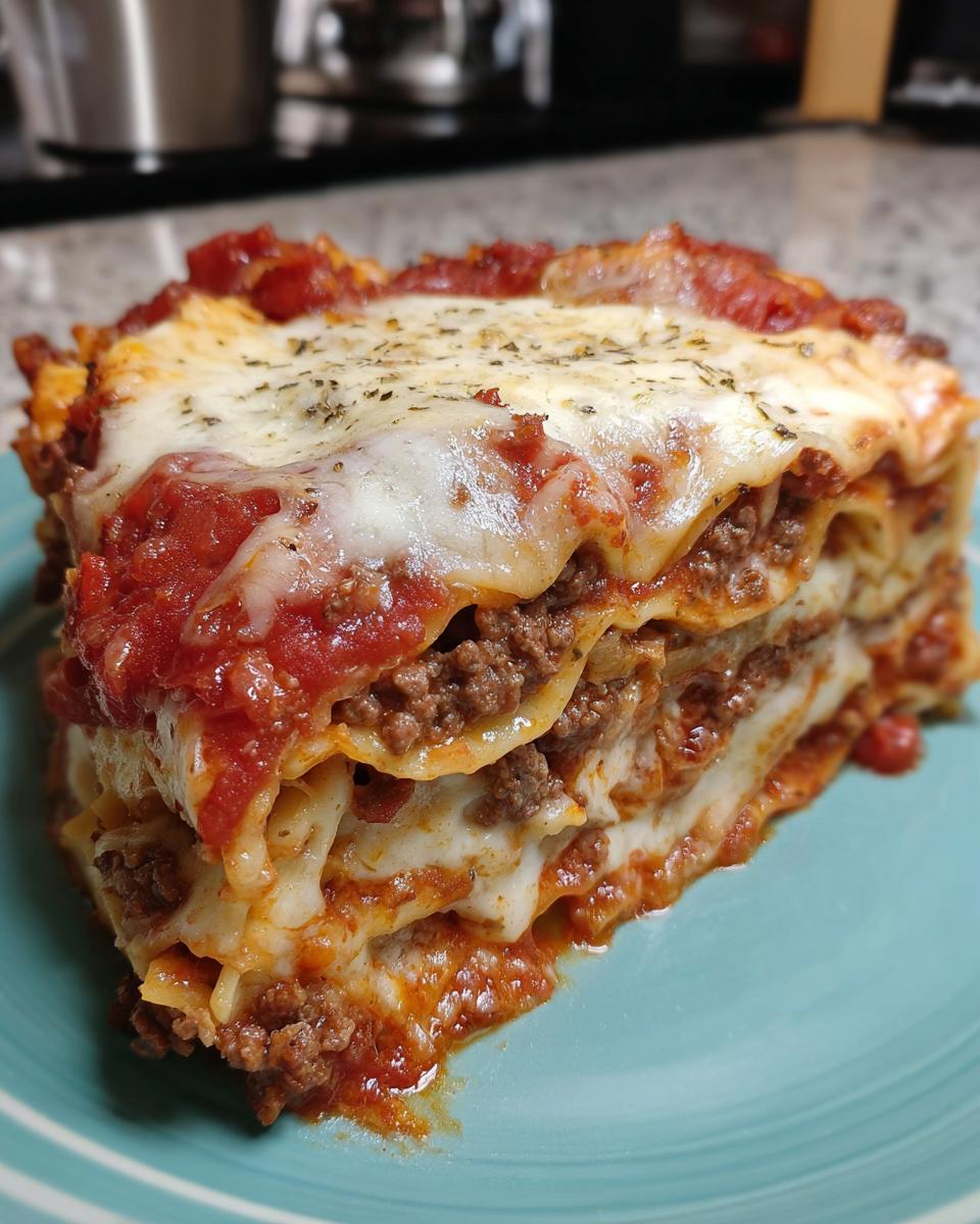 A thick, layered slice of meat pizza casserole topped with melted mozzarella cheese and herbs.