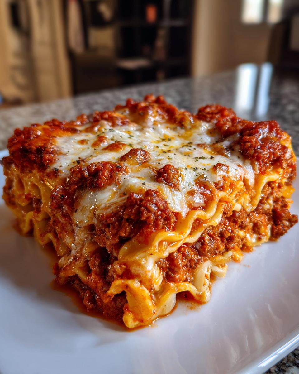A close-up of a thick slice of lazy lasagna featuring layers of pasta, rich meat sauce, and melted mozzarella cheese.