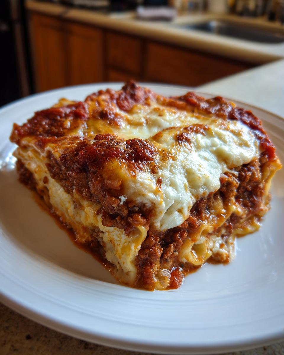 A close-up of a hearty slice of lazy lasagna layered with meat sauce and melted mozzarella cheese on a white plate.
