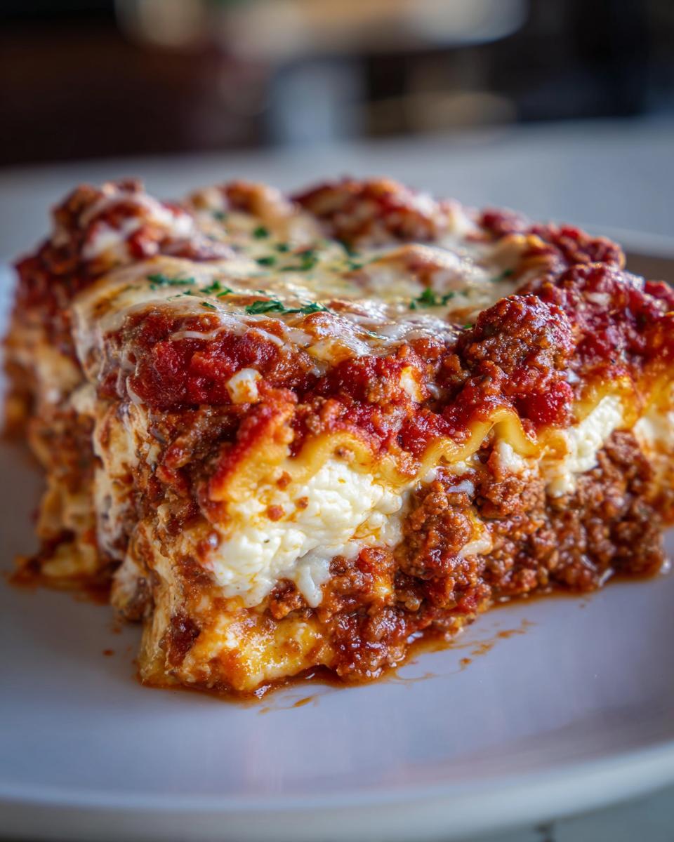 Close-up of a rich, layered slice of lazy lasagna featuring meat sauce, ricotta cheese, and melted mozzarella topping.