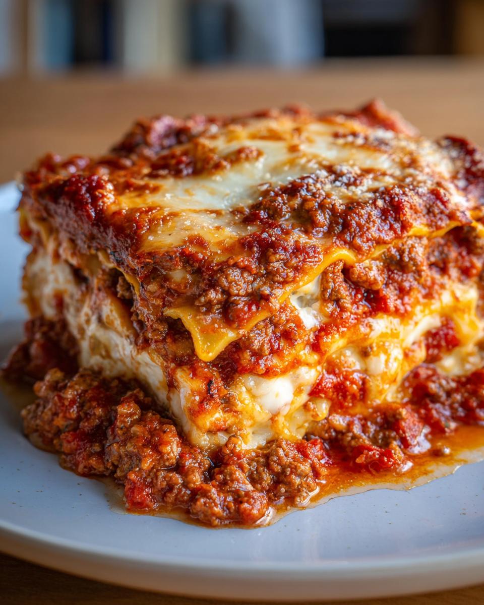 A thick, juicy slice of lazy lasagna featuring layers of pasta, rich meat sauce, and melted cheese.