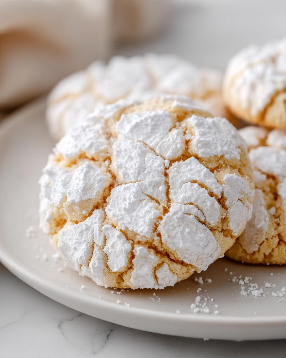 Close-up of soft, yellow lemon crinkle cookies heavily dusted with powdered sugar on a white plate.