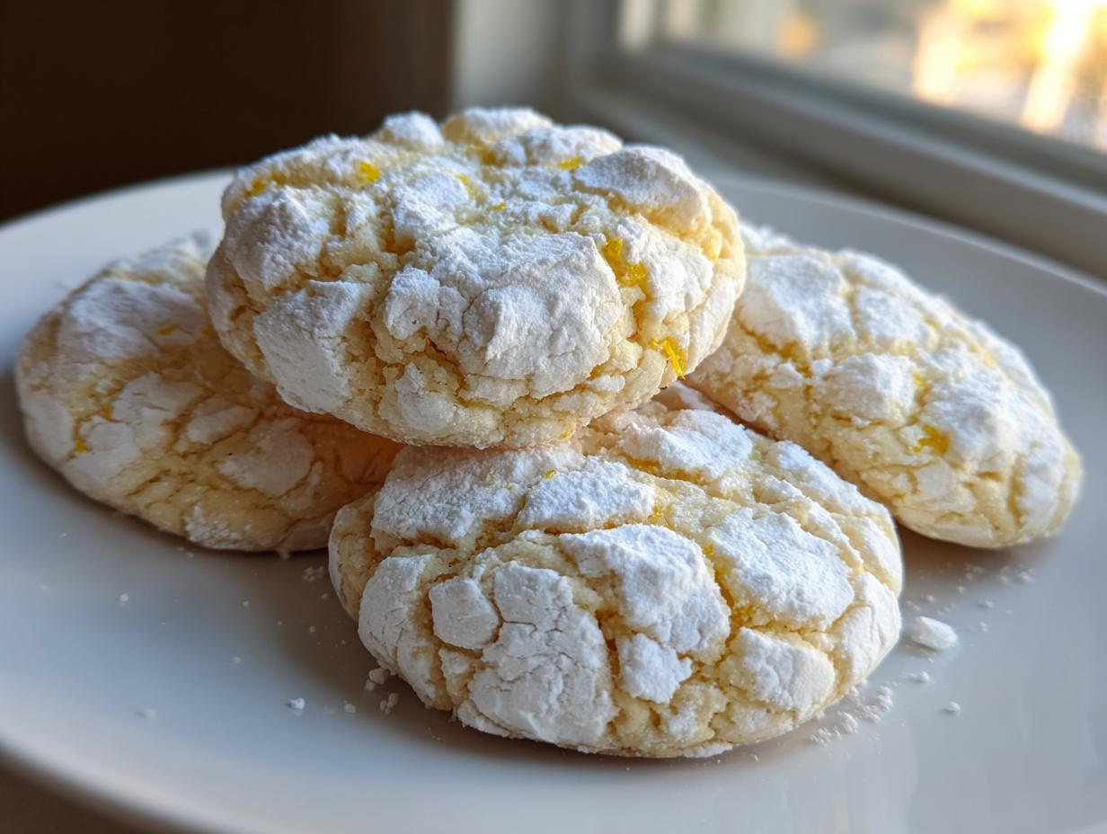Four bright yellow lemon crinkle cookies heavily dusted with powdered sugar, sitting on a white plate.