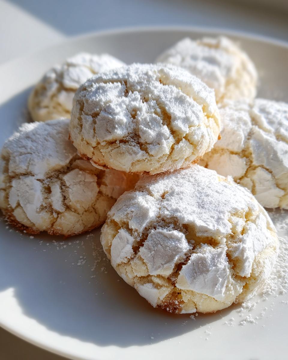 A stack of freshly baked lemon crinkle cookies heavily dusted with powdered sugar on a white plate.
