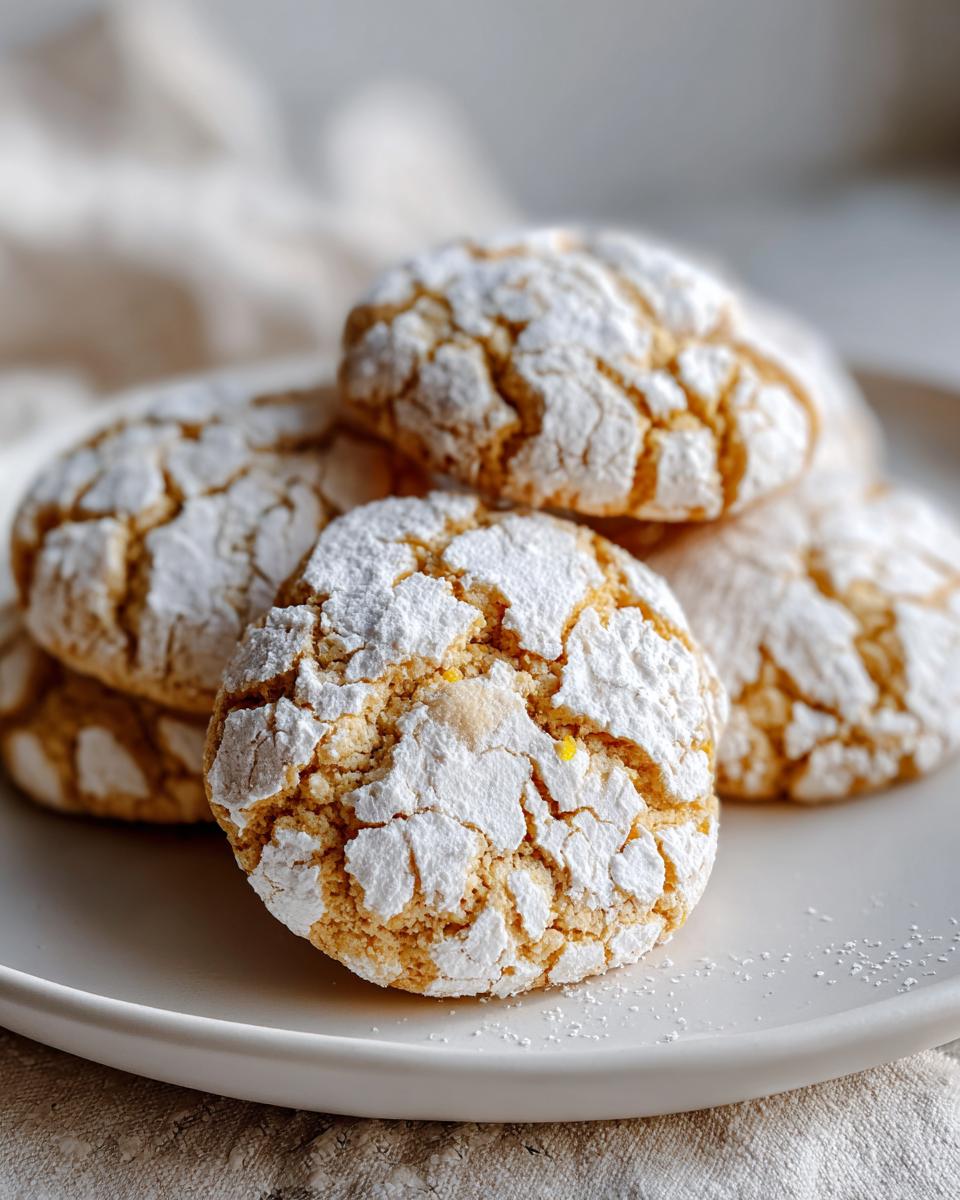 A stack of soft, chewy lemon crinkle cookies heavily dusted with powdered sugar on a white plate.