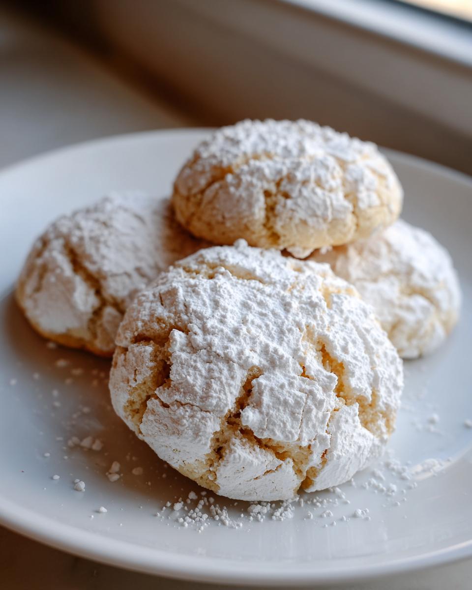 A stack of four soft lemon crinkle cookies heavily dusted with powdered sugar on a white plate.
