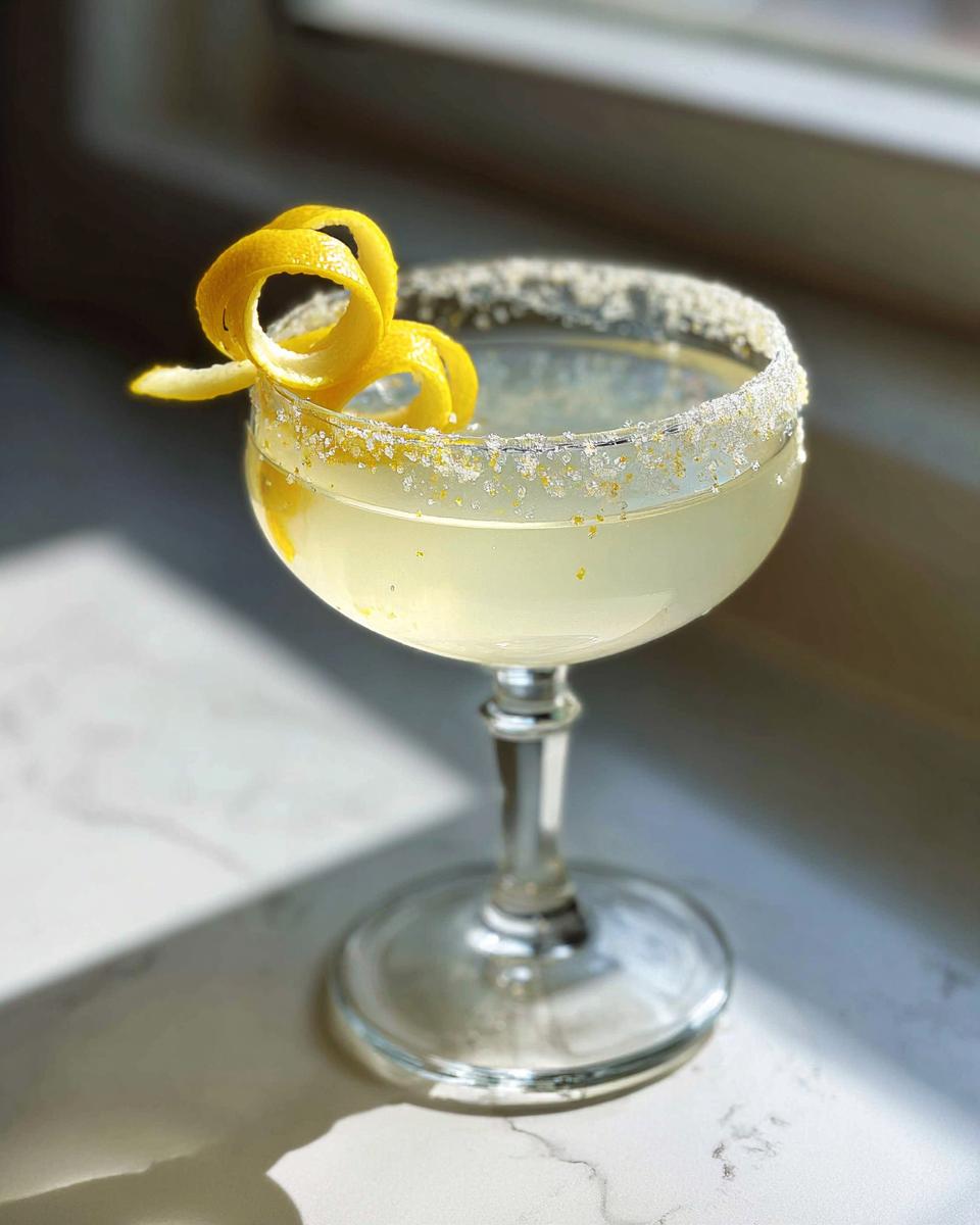 A bright yellow Lemon Drop cocktail served in a stemmed coupe glass with a sugar rim and lemon peel garnish.