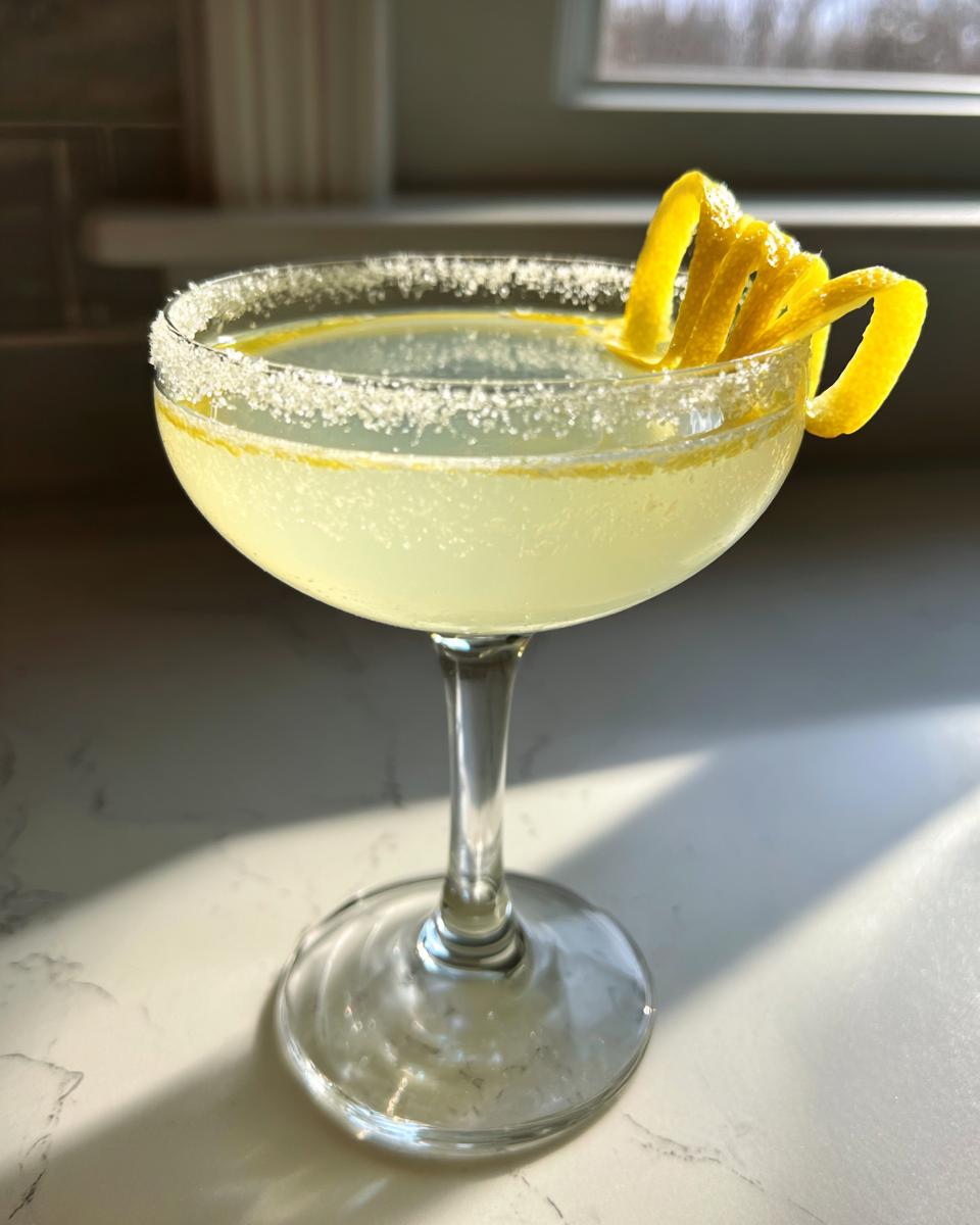 A bright yellow Lemon Drop cocktail in a sugar-rimmed coupe glass, garnished with a long lemon peel twist.