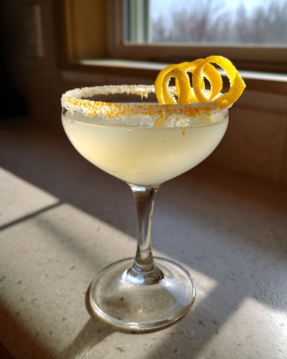A bright yellow Lemon Drop cocktail served in a stemmed glass with a sugared rim and lemon peel garnish.