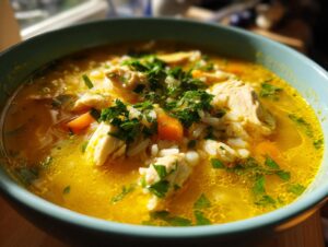 Close-up of a bowl of vibrant yellow Lemon Ginger Turmeric Chicken and Rice Soup topped with fresh parsley.
