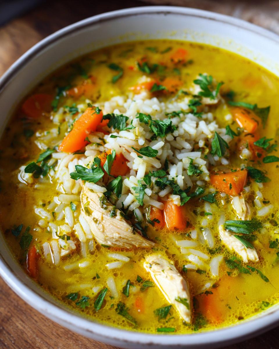 Close-up of a bowl of vibrant yellow Lemon Ginger Turmeric Chicken and Rice Soup topped with rice, carrots, and parsley.