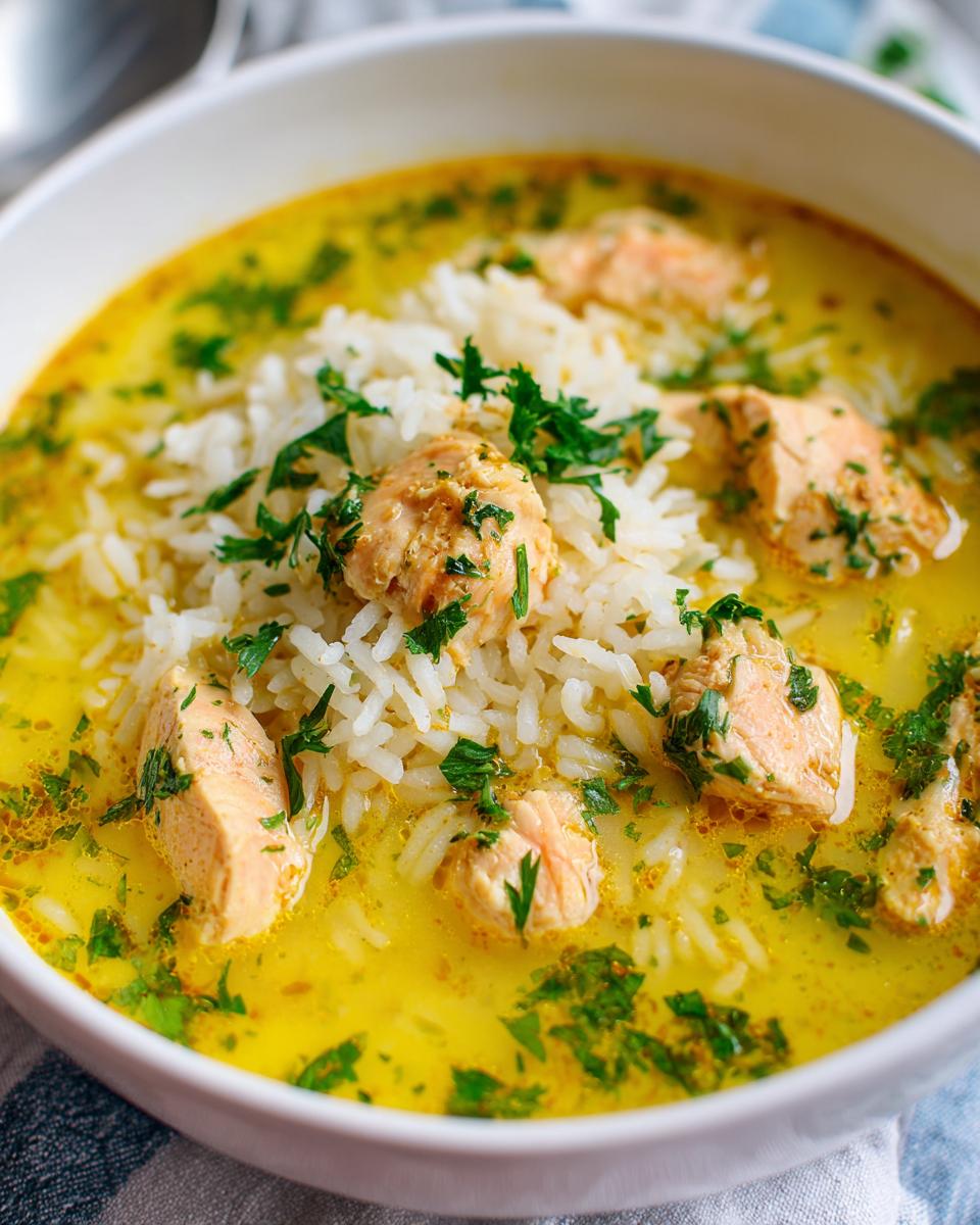 Close-up of a white bowl filled with Lemon Ginger Turmeric Chicken and Rice Soup, featuring yellow broth, white rice, and chunks of chicken.