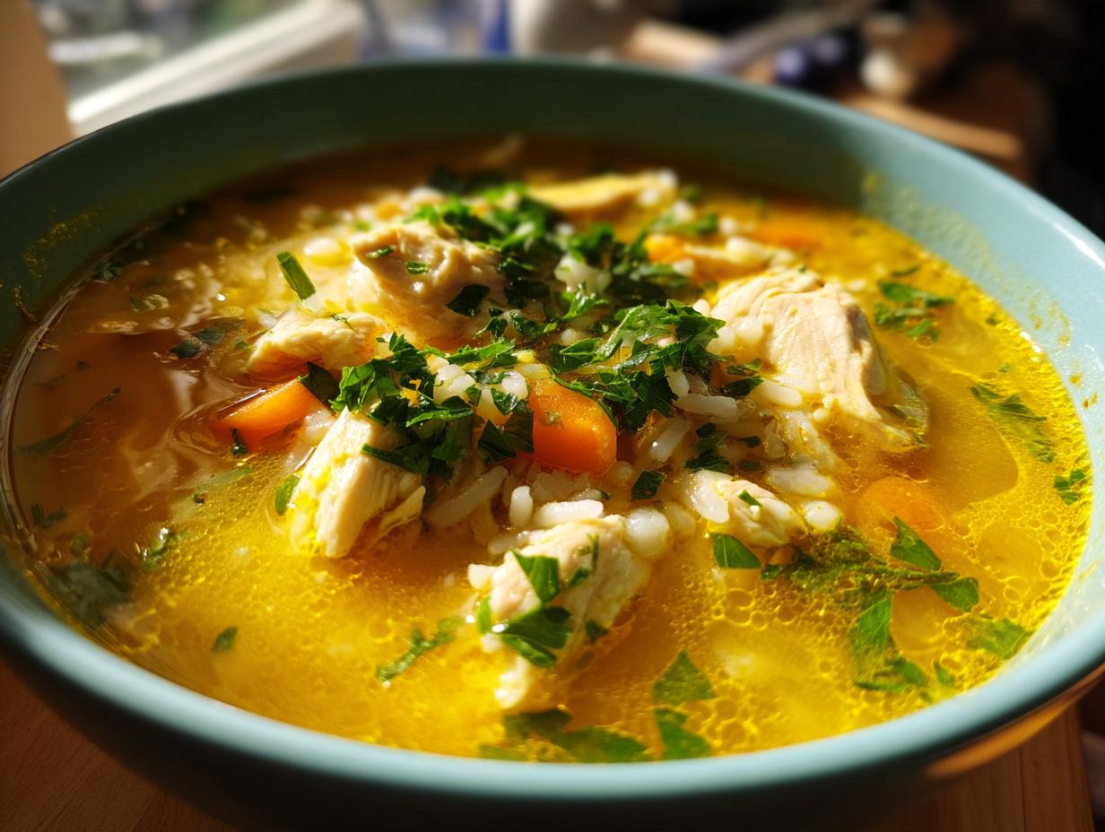 Close-up of a bowl of vibrant yellow Lemon Ginger Turmeric Chicken and Rice Soup topped with fresh parsley.