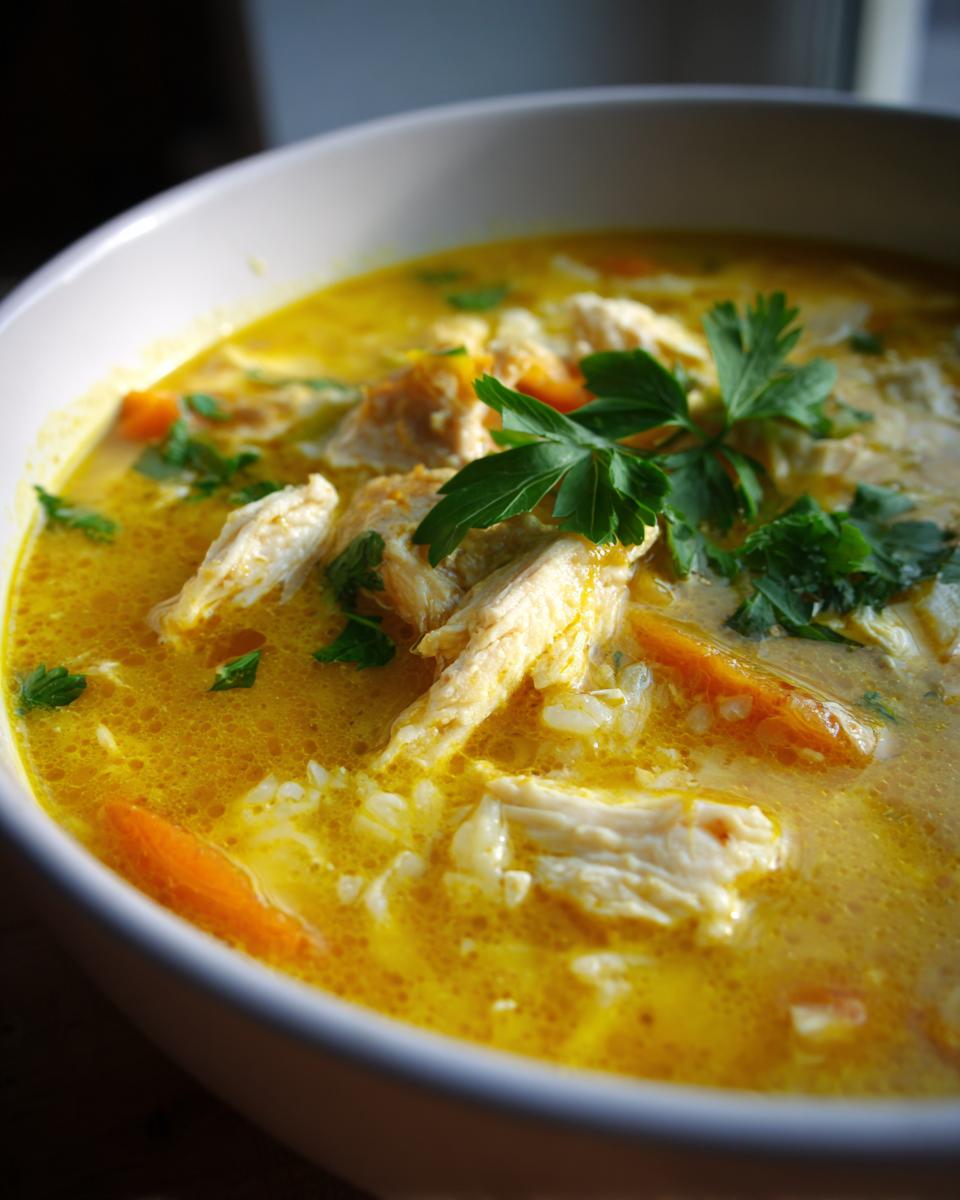 Close-up of a bowl of vibrant yellow Lemon Ginger Turmeric Chicken and Rice Soup with shredded chicken, rice, and carrots.
