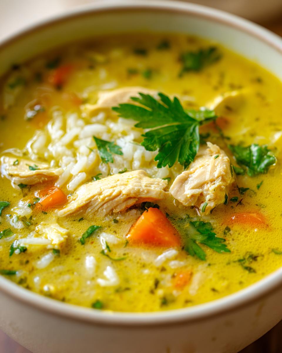Close-up of vibrant yellow Lemon Ginger Turmeric Chicken and Rice Soup with shredded chicken, rice, carrots, and parsley.