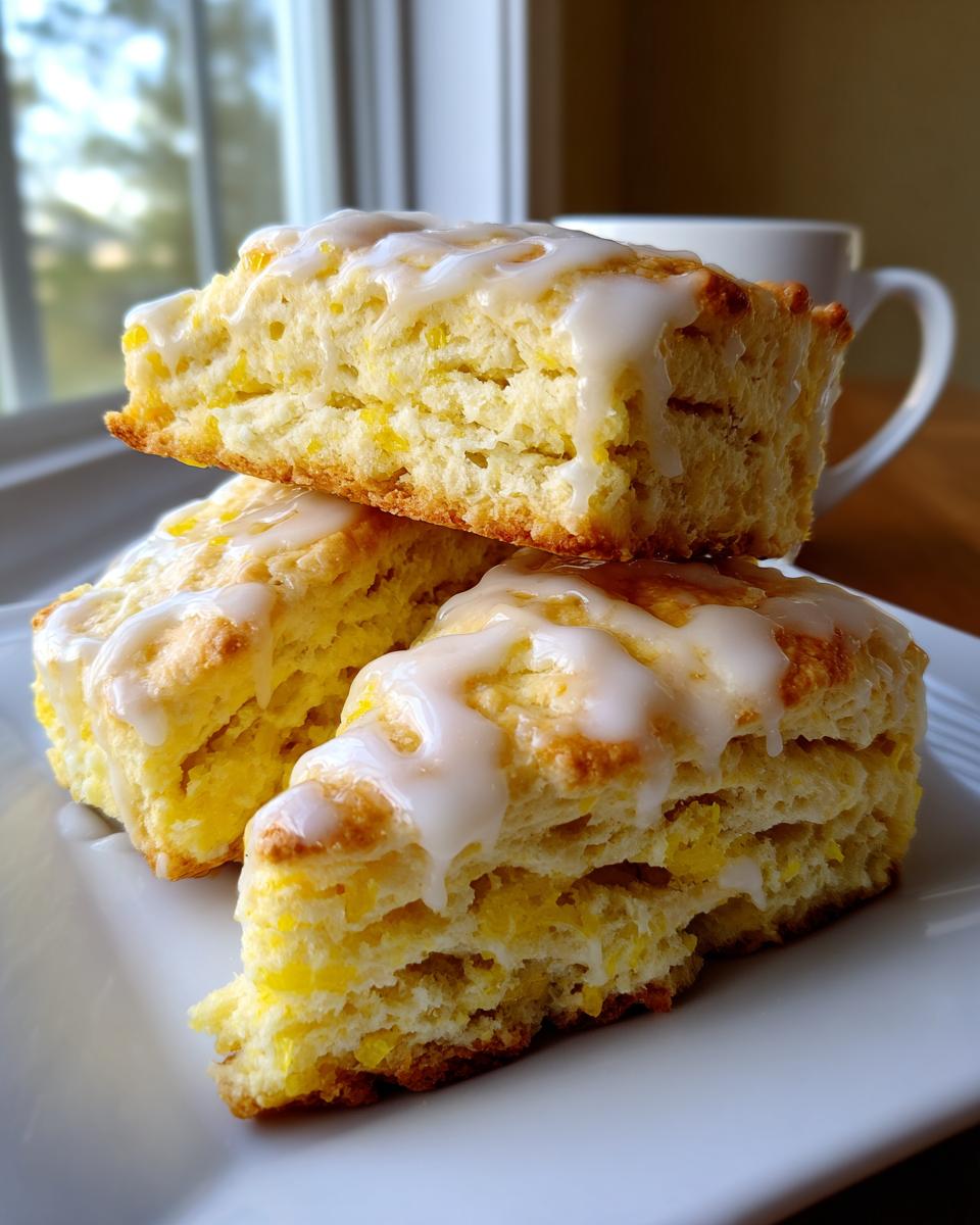 Three stacked lemon scones topped with a thick white glaze, ready to eat.