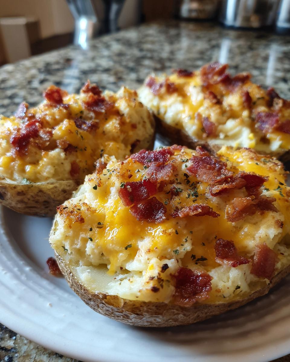 Four halves of a loaded baked potato casserole topped with melted cheddar cheese and crispy bacon bits.