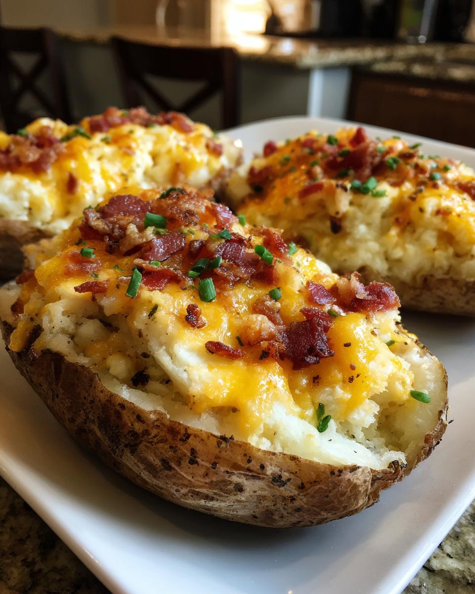Three halves of a loaded baked potato casserole topped with melted cheddar cheese, bacon bits, and chives.