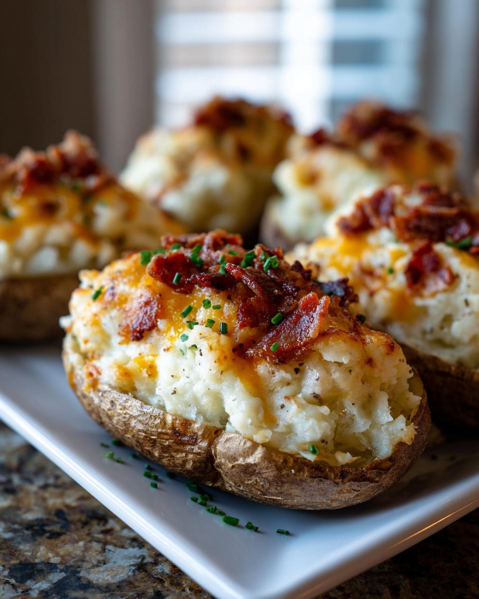 Close-up of a loaded baked potato casserole half stuffed with creamy filling, topped with melted cheddar cheese, crispy bacon, and chives.