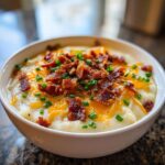 A white bowl filled with creamy potato soup recipe, topped generously with melted cheddar cheese, crispy bacon bits, and fresh chives.