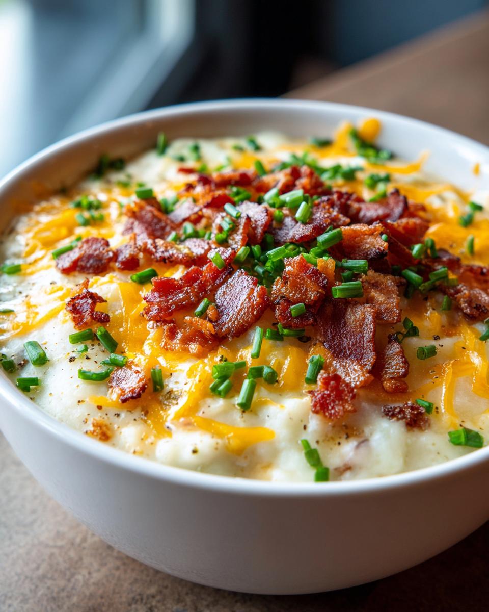 Close-up of a creamy bowl of potato soup recipe topped generously with shredded cheddar cheese, crispy bacon bits, and fresh chives.