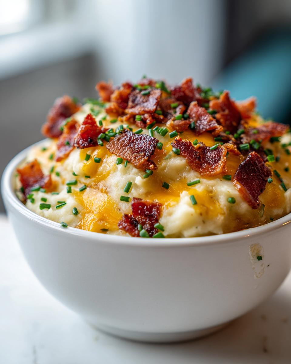 Close-up of creamy potato soup topped with melted cheddar cheese, bacon bits, and fresh chives.