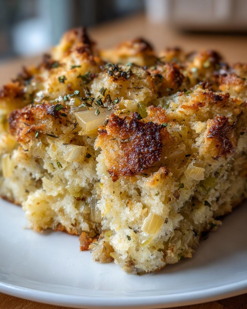 A close-up view of a square portion of savory, moist stuffing with a golden, crispy top sprinkled with herbs.
