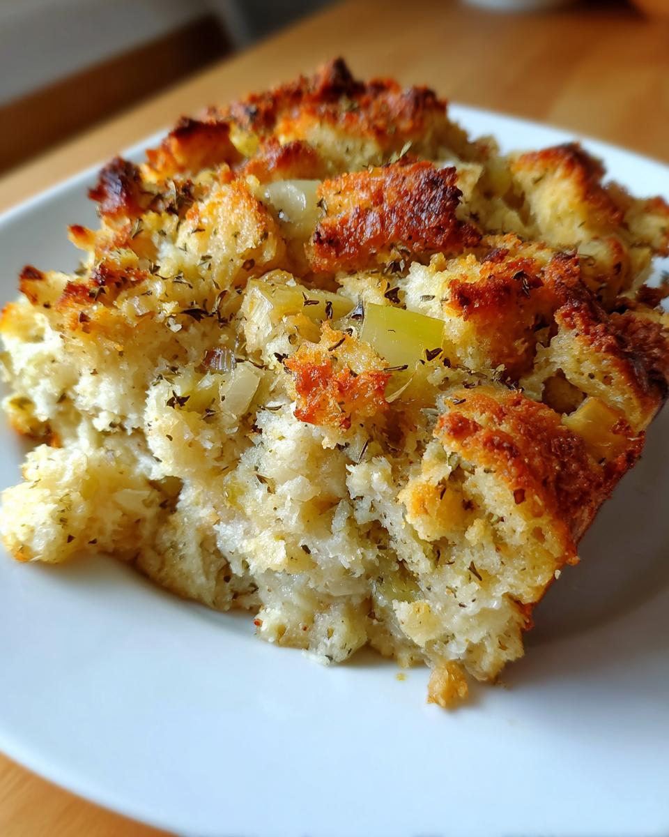 Close-up of a portion of baked, savory stuffing with herbs and visible celery pieces on a white plate.